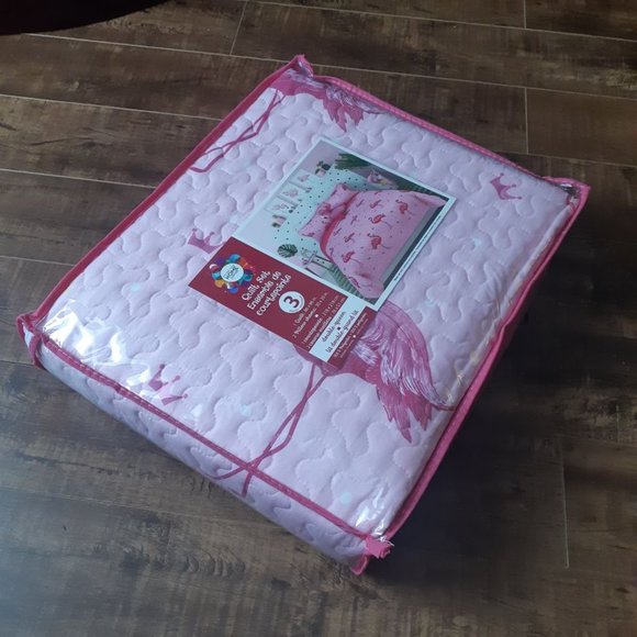 New Pink Flamingo 3-Piece Bedding Quilt Set • Reversible • DoubleQueen - Picture 3 of 4